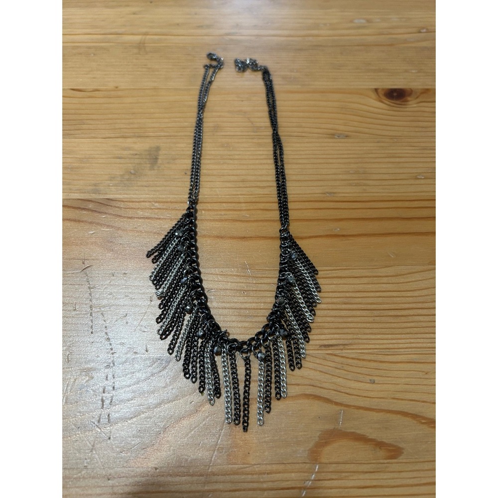 Gunmetal Gray Black Chain Fringe Goth Urban Witchy Statement Necklace Sparkle